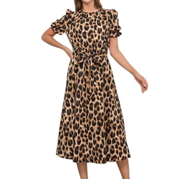 Leopard Lace-up Round Neck Puff A-line Dress - Picture 2 of 5